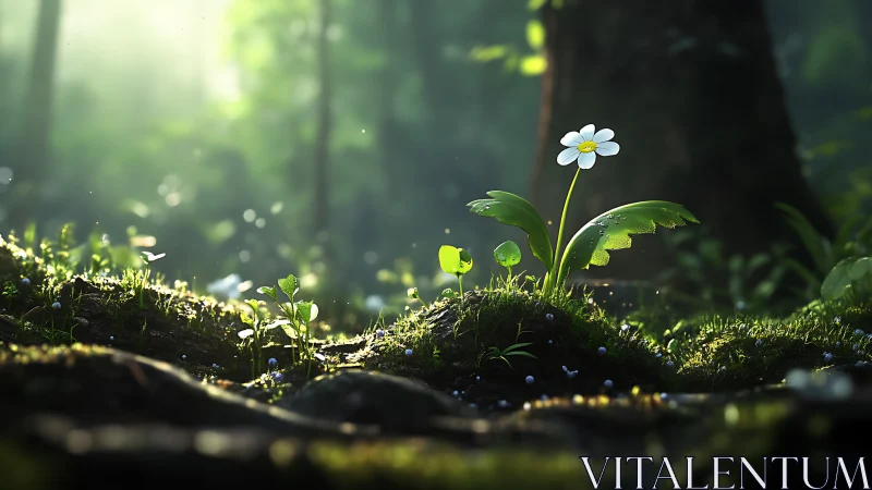 Lone white daisy glows softly in lush mossy forest clearing.