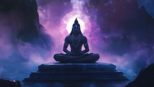 Cosmic yogic deity silhouette in luminous nebula halo