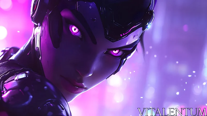 Cybernetic female figure with glowing violet eyes in neon light.