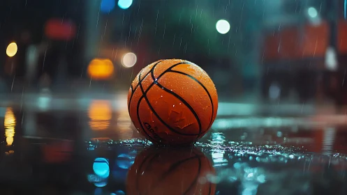 Rainlit basketball waits on neon court in quiet afterglow.