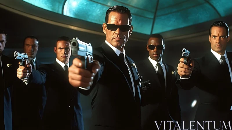Armed suited agents converge with pistols under teal skylight.