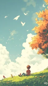 Autumn hillside reverie with birds in stylized atmospheric sky.