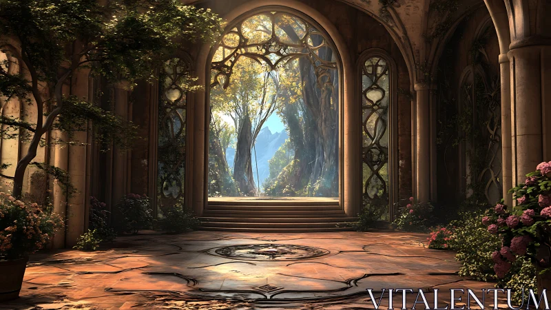 Sunlit elven hall opens onto verdant forest sanctuary