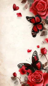 Red butterflies with roses on neutral textured background.