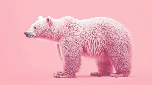 Pink polar bear stands in minimalist monochrome studio scene.