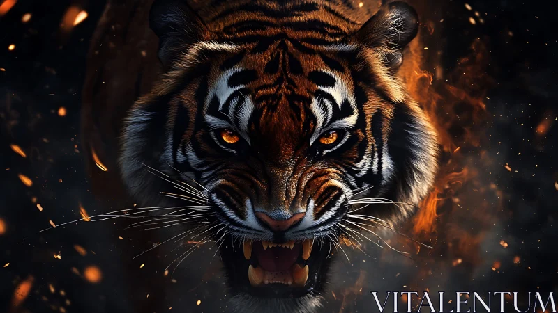 High-dynamic snarl study of a tiger in ember-saturated darkfield.