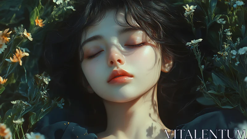 Serene feminine portrait renders luminous skin amid florals