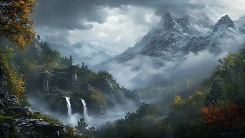 Misty mountain valley with ruined stone fortress and falls.