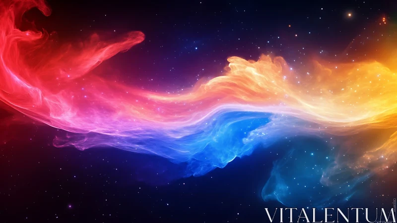 Chromatic nebula stream swirling through starry void.