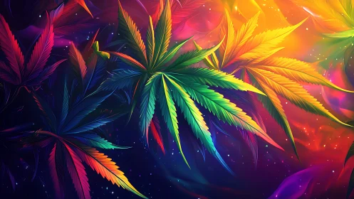 Multicolor cannabis leaves over vivid abstract nebula.