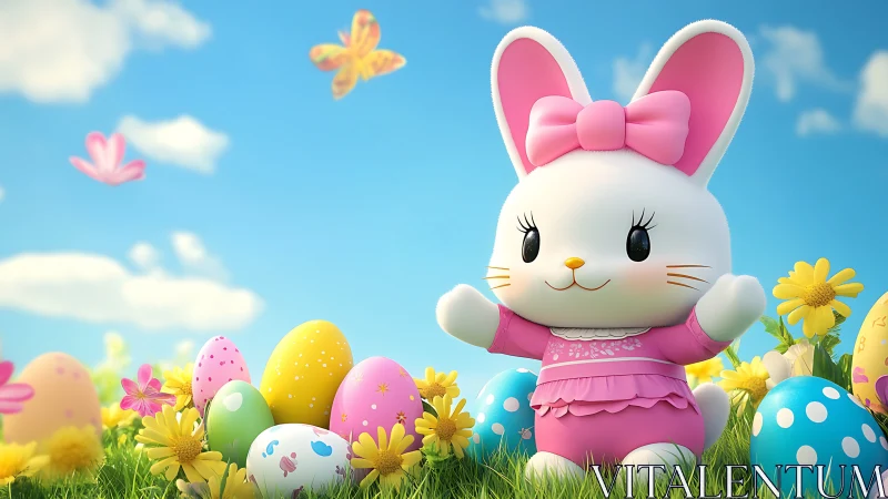 Easter bunny mascot in pink dress amid colorful eggs.