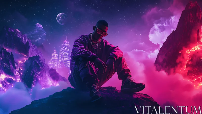 Neon-clad figure on alien cliff in vivid cosmic haze.