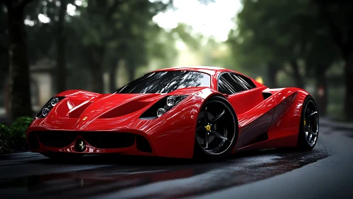 Red mid‑engine sports coupe on wet forested roadway.