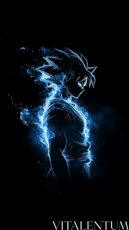 Energy-outlined anime figure stands in profile on black field