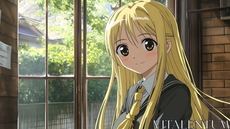 Blonde anime schoolgirl by sunlit classroom window interior.