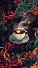 Steaming coffee cup anchors swirling floral dreamscape.