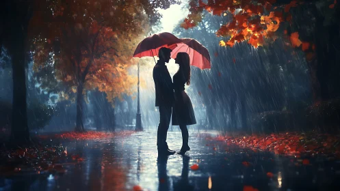 Love Blooms Under a Red Umbrella in the Rain