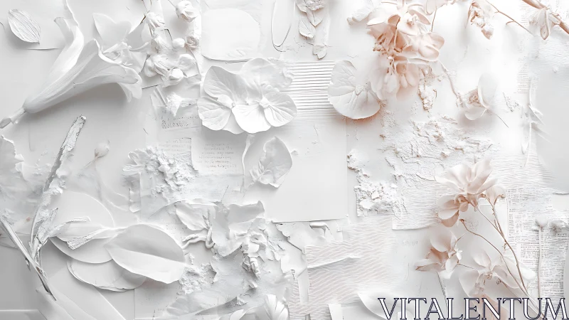 Soft white botanicals scattered in a dreamy paper collage.