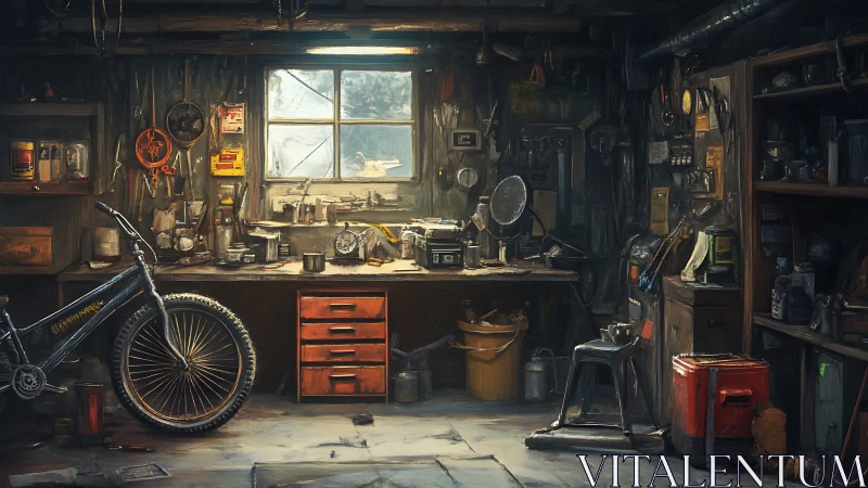Cluttered workshop with bicycle, tools, and wooden bench.