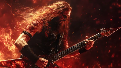 Metal guitarist immersed in dynamic fire-lit stage environment