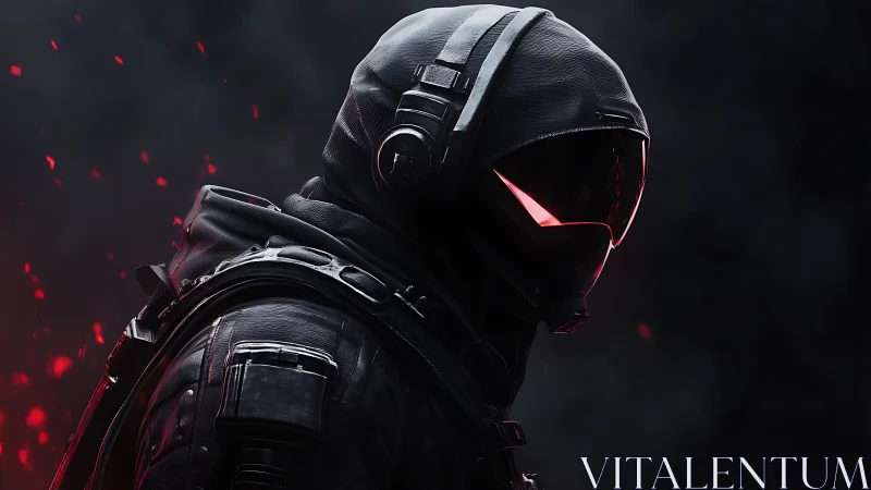 Midnight cyber operative with burning neon visor glare.