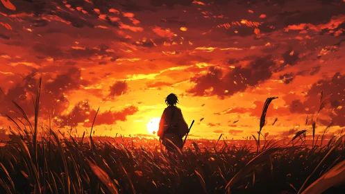 Samurai silhouette walking through blazing sunset field.
