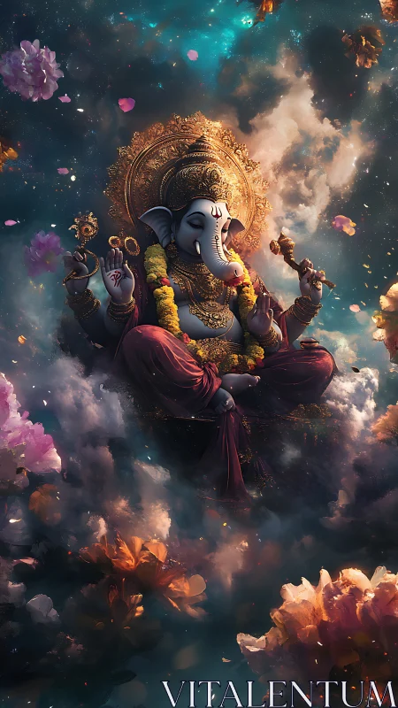 Divine elephant-headed deity in ornate cosmic clouds.