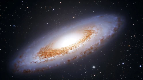 Gentle spiral galaxy glowing softly in a star-filled night sky.