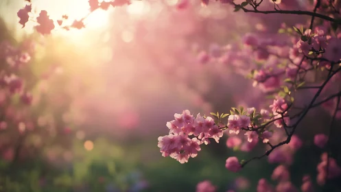 Pink Blossoms Glowing in Golden Hour Dreamscape