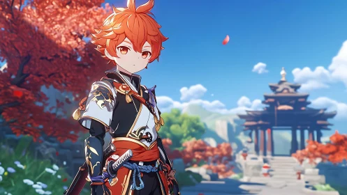 Armored anime swordsman framed by shallow-depth temple landscape