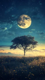 Moon leans low as a lone meadow tree listens to starlight