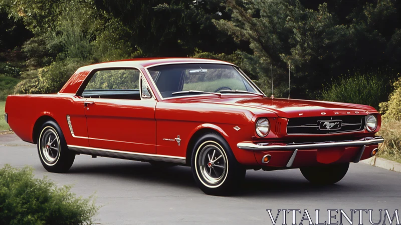 Classic red Ford Mustang coupe on quiet suburban street.
