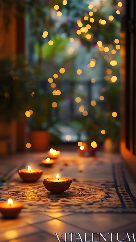 Clay oil lamps glow along patterned floor, golden bokeh.