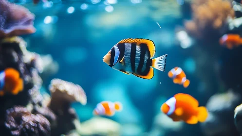 High-bokeh reef aquarium scene isolates striped tropical fish sharply