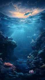 Shark silhouette above tranquil digital coral seascape.