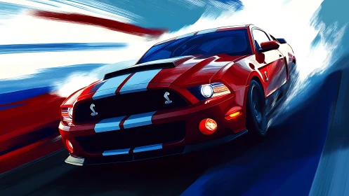 Red performance coupe powers through dynamic motion blur.