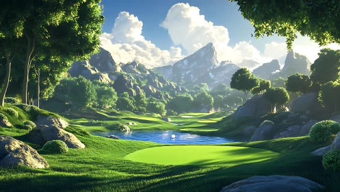 Sunlit fantasy golf valley unfolds beneath towering peaks