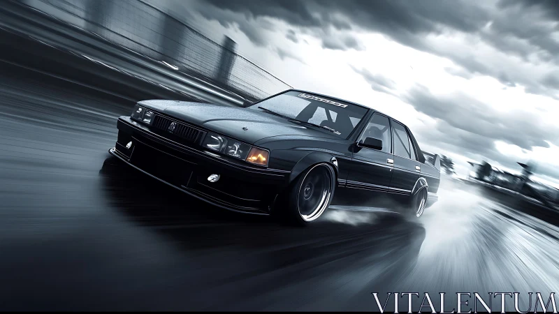 Dark sedan drifting fast on wet track under storm clouds.