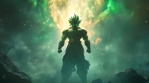 Emerald storm warrior standing bold in swirling cosmic power.