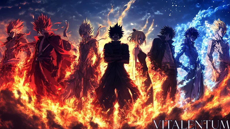 Elemental anime squad framed by symmetric fire and ice lighting dynamics