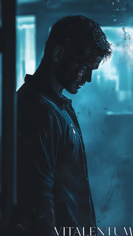 Moody teal-lit portrait isolates a wounded man in profile