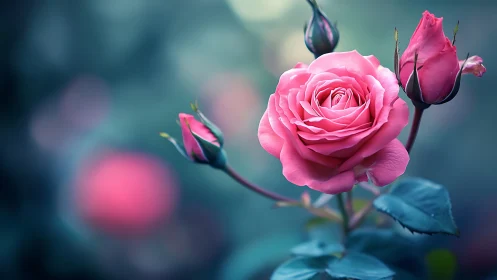 Pink Rose with Buds Against Blurred Teal Background.