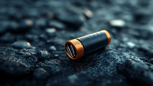 Rain-kissed portable charger rests quietly on wet stones