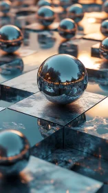 Reflective chrome spheres on metallic grid with sunset bokeh glow
