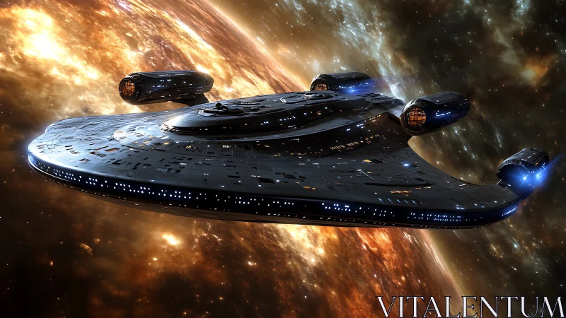 Futuristic starship glides past blazing orange nebula.
