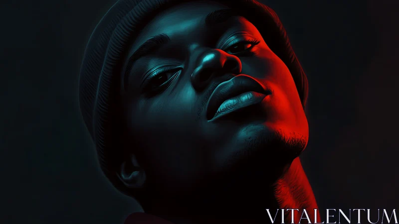 Portrait of man in blue and red side lighting looks upward