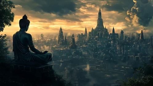 Meditating statue overlooking luminous neo-gothic megacity at dusk.