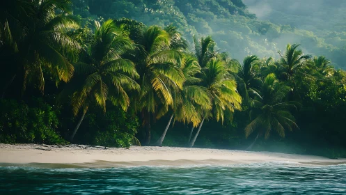 Tropical Shoreline with Dense Palm Canopy and Turquoise Waters.