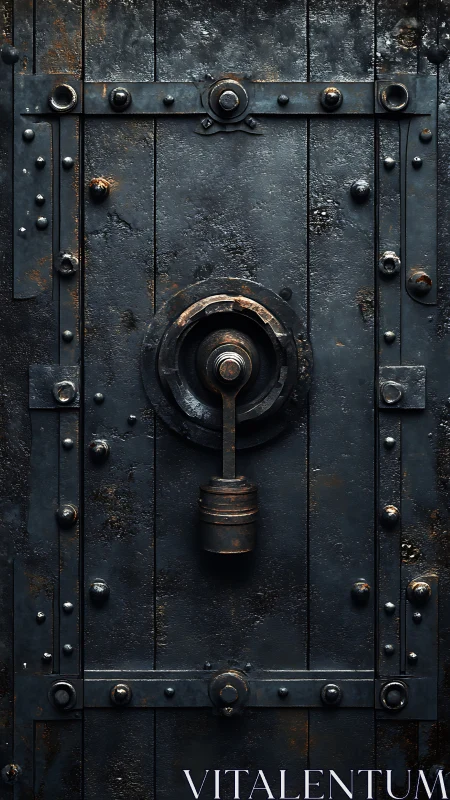 Riveted steel vault door with central mechanical locking lever