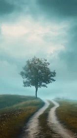 Solitary tree beside winding path under overcast sky.